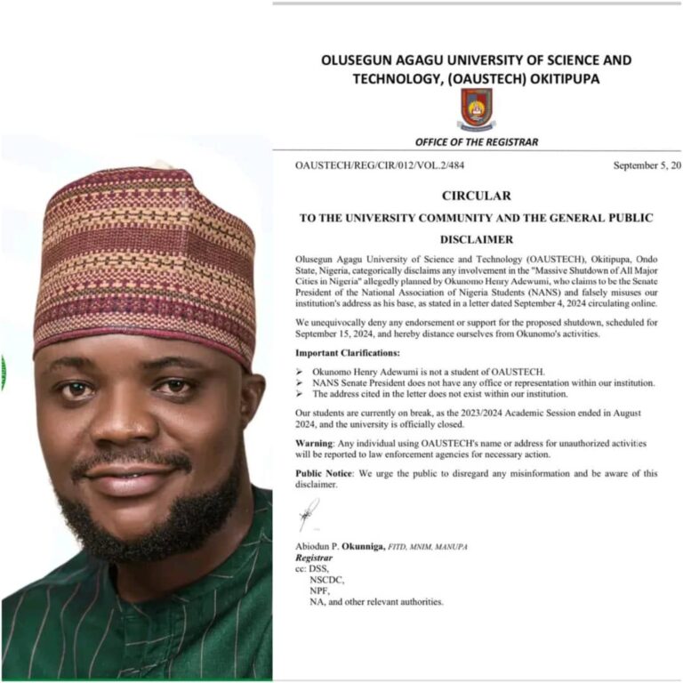 ‘Not Our Student’ – Ondo Varsity Writes Disclaimer Against ‘Self Exclaimed’ NANS Senate President, Okunomo