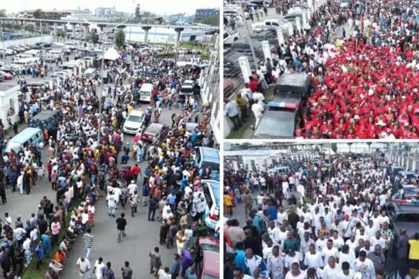 BREAKING: Mammoth Crowd As Rivers Governor, Fubara Arrives In Port Harcourt